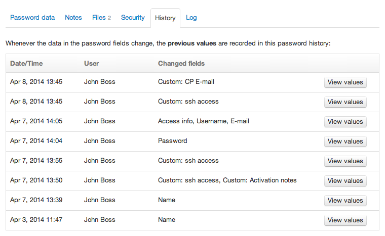 The password history tab