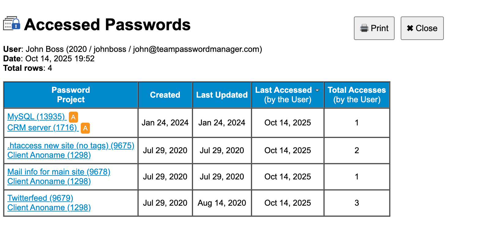 Accessed Passwords HTML report
