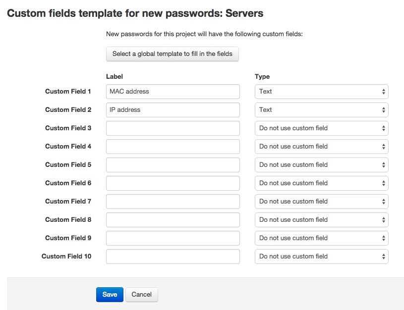 Creating a custom fields template in a project