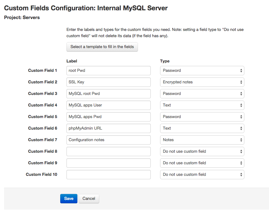 Custom fields configuration screen