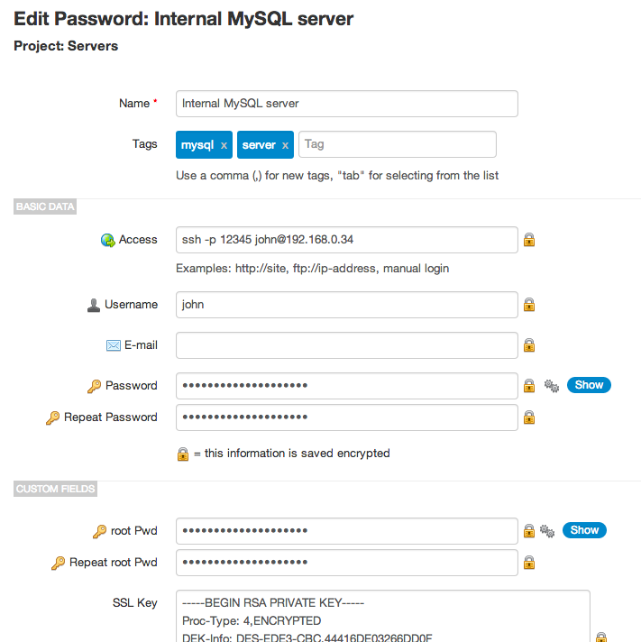 Editing a password with custom fields