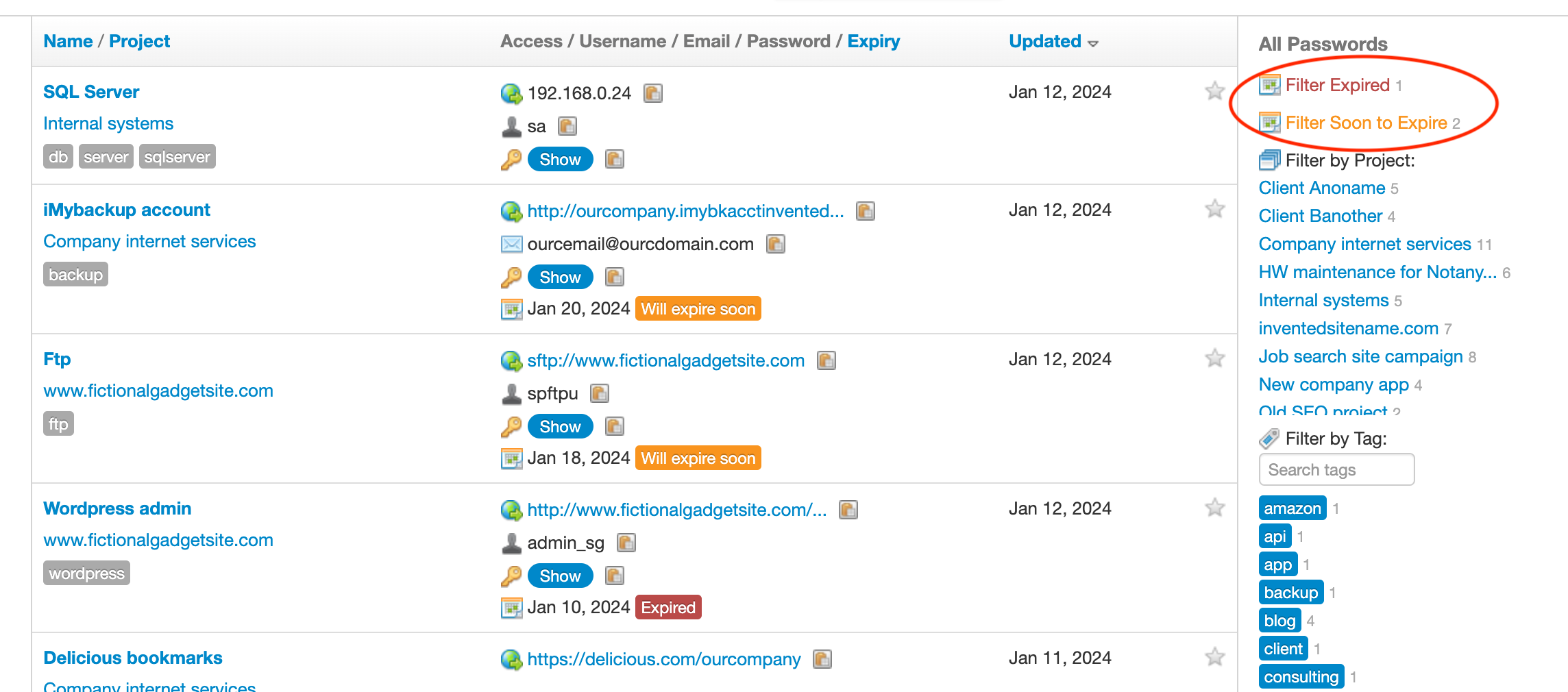 Expiration filters in passwords list