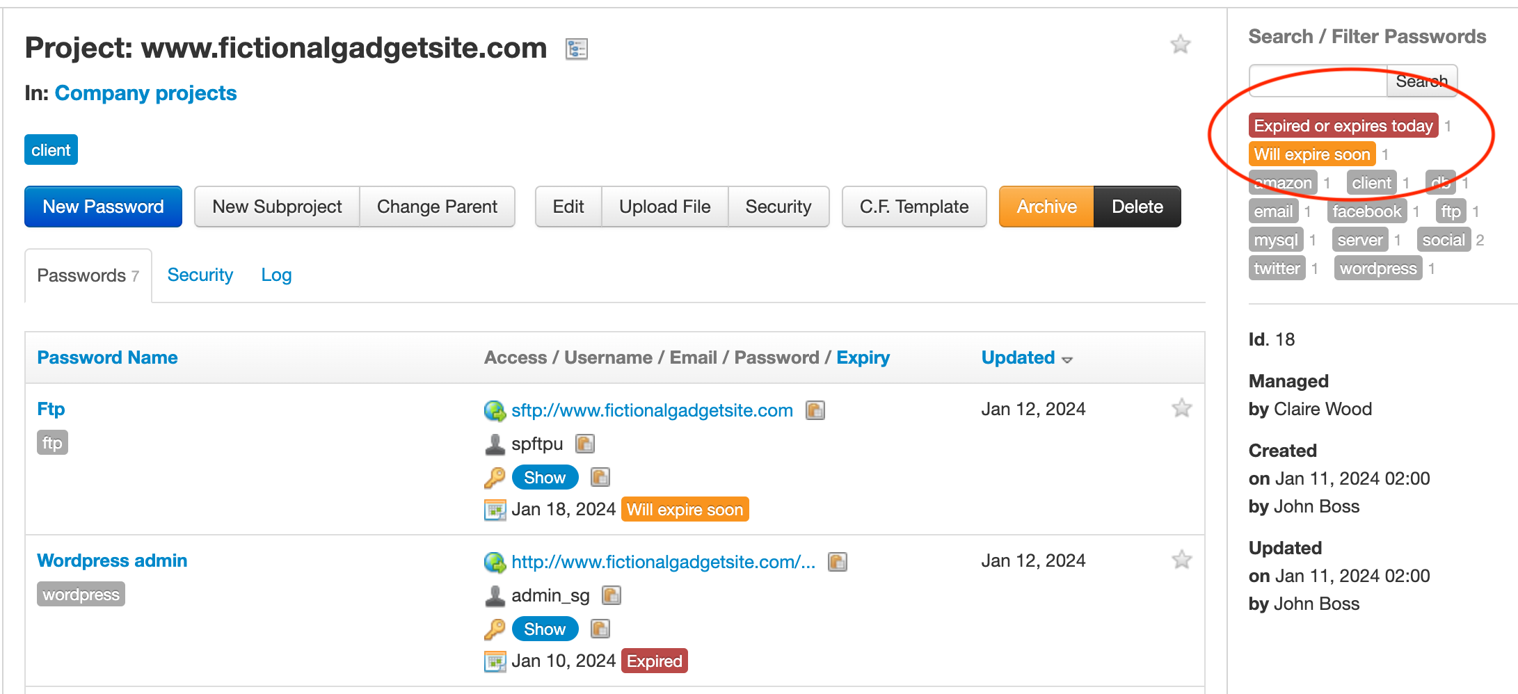 Expiration filters in project passwords list