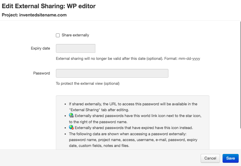 External sharing configuration screen