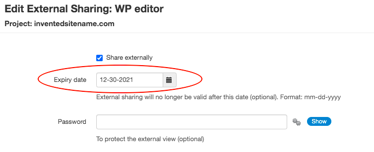 Entering an expiry date into the external sharing configuration screen