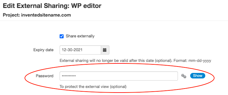 Entering an password into the external sharing configuration screen