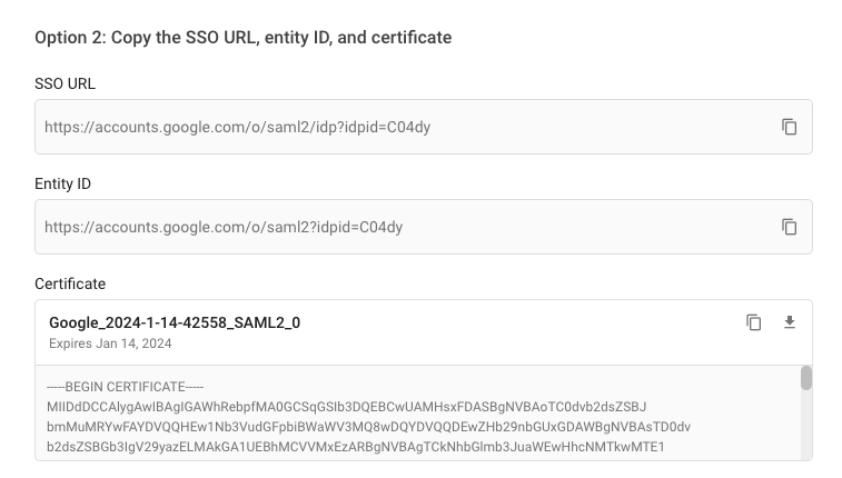 Google SAML IdP details