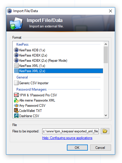 Importing a keepass XML file