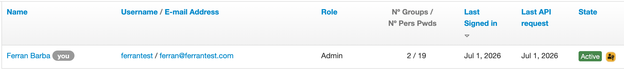User with passkeys in list