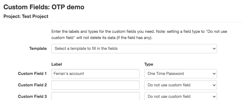 Set up a custom field of type one-time password