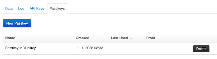 Passkey shown in the passkeys tab