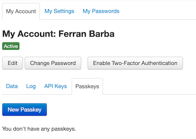 Passkeys tab in My Account