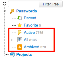 Tree branches to filter archived and active passwords