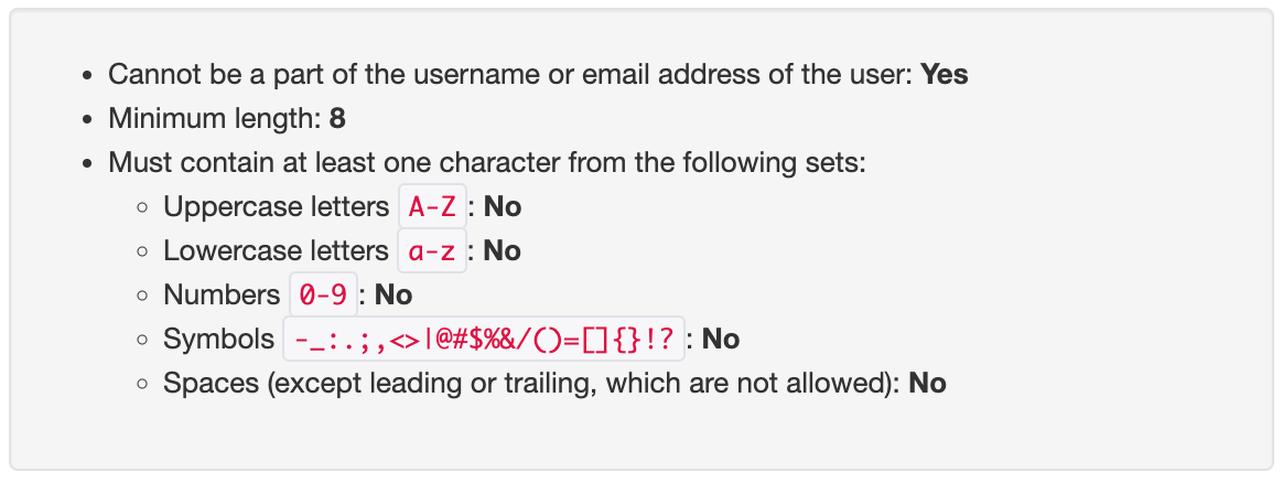User password rules