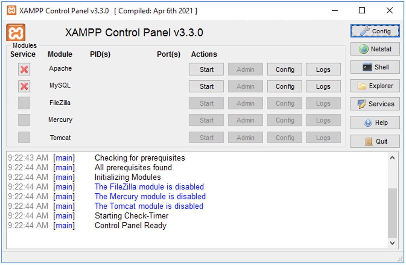 XAMPP control panel