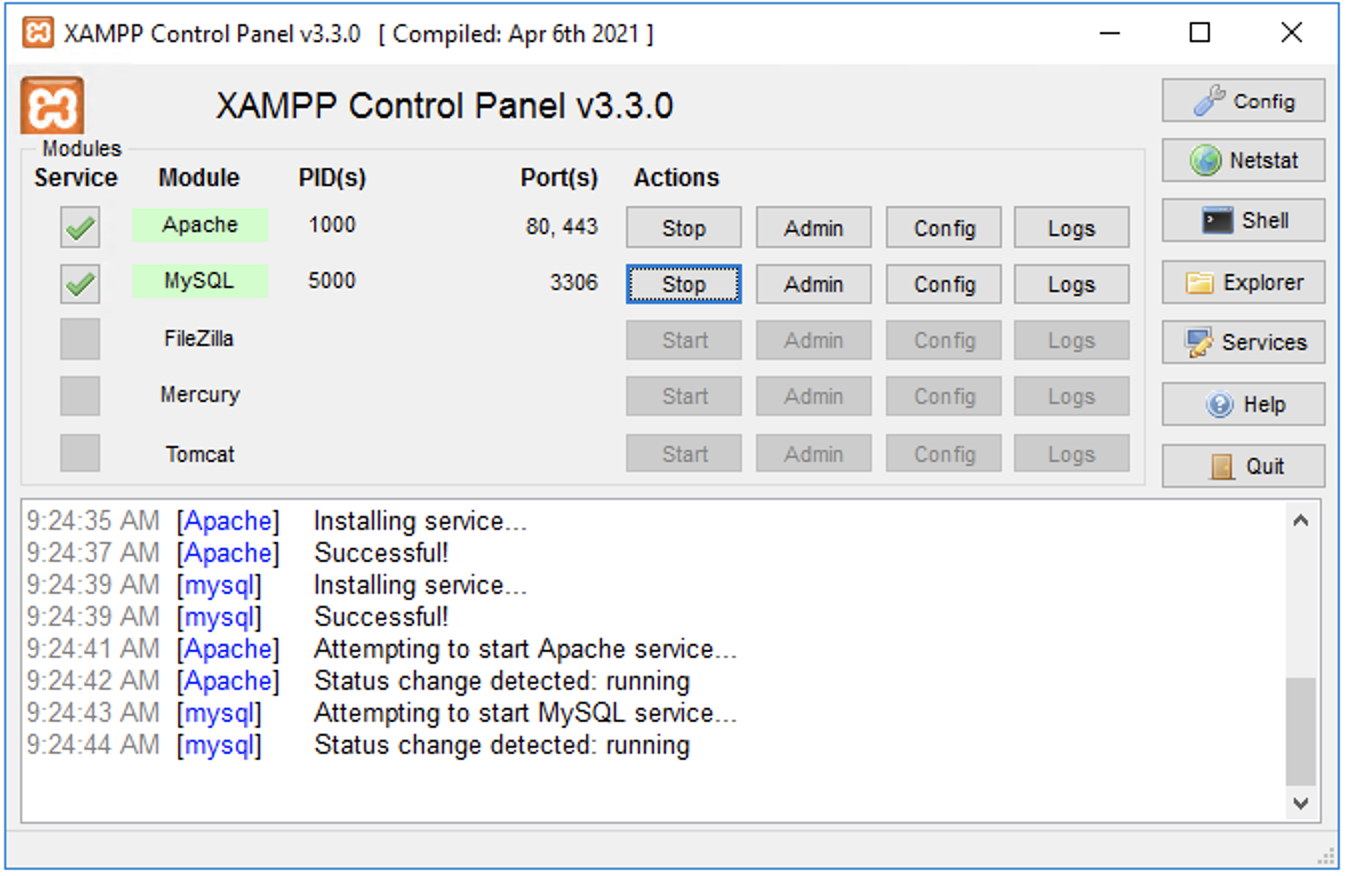 XAMPP control panel running