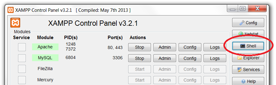 XAMPP shell button