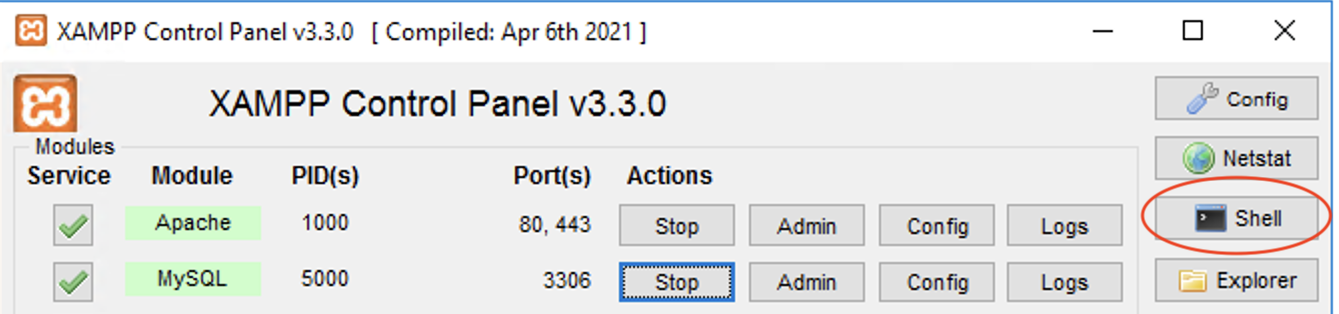 XAMPP shell button