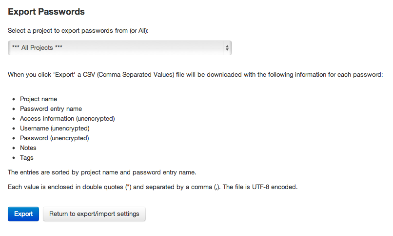 Exporting in password in Team Password Manager