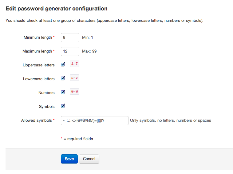 Password generator configuration