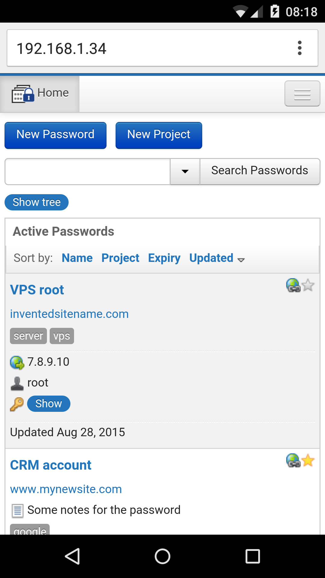 Team Password Manager Passwords List View in an Android